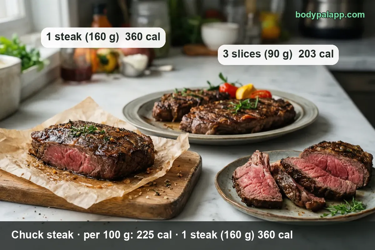 Chuck steak portions: whole roasted steak, 1 steak (160 g) 360 cal, and a plate of three sliced pieces, 3 slices (90 g) 203 cal.