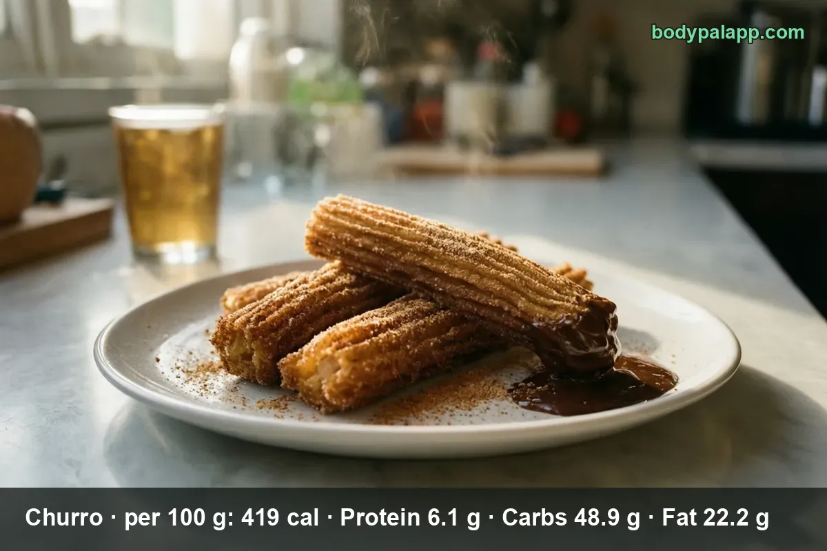 Three churros dusted with cinnamon sugar on a white plate beside a pool of chocolate sauce - 189 calories per churro