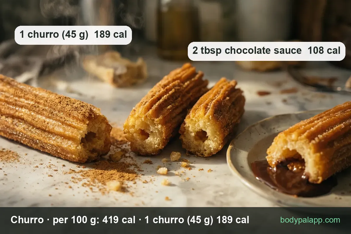 Four cut churro pieces showing the airy center next to a whole churro with chocolate sauce - 189 calories per churro plus 108 for two tablespoons of sauce