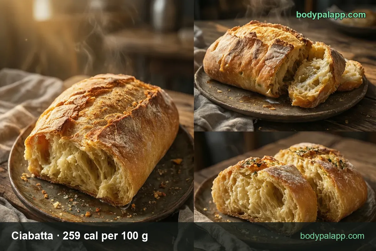 Ciabatta loaf cut lengthwise, a loaf with two cut slices, and halves with garlic herb butter; 1 slice 29 g 75 cal, 1 roll 85 g 220 cal