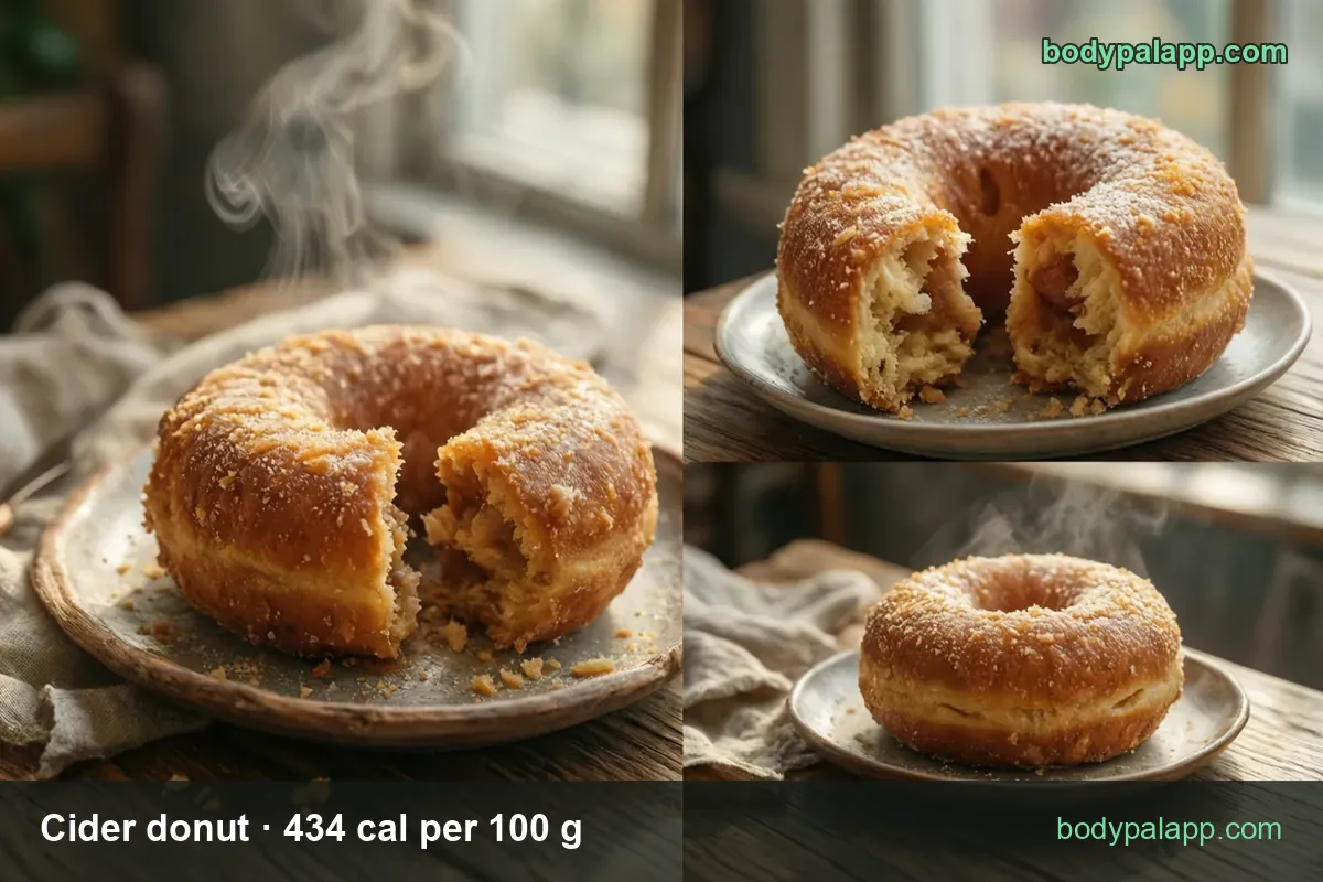 Three sugar-coated cider donuts on plates: one broken in two, one cut open, one whole; 1 medium (54 g) 234 cal, 1 large (71 g) 308 cal
