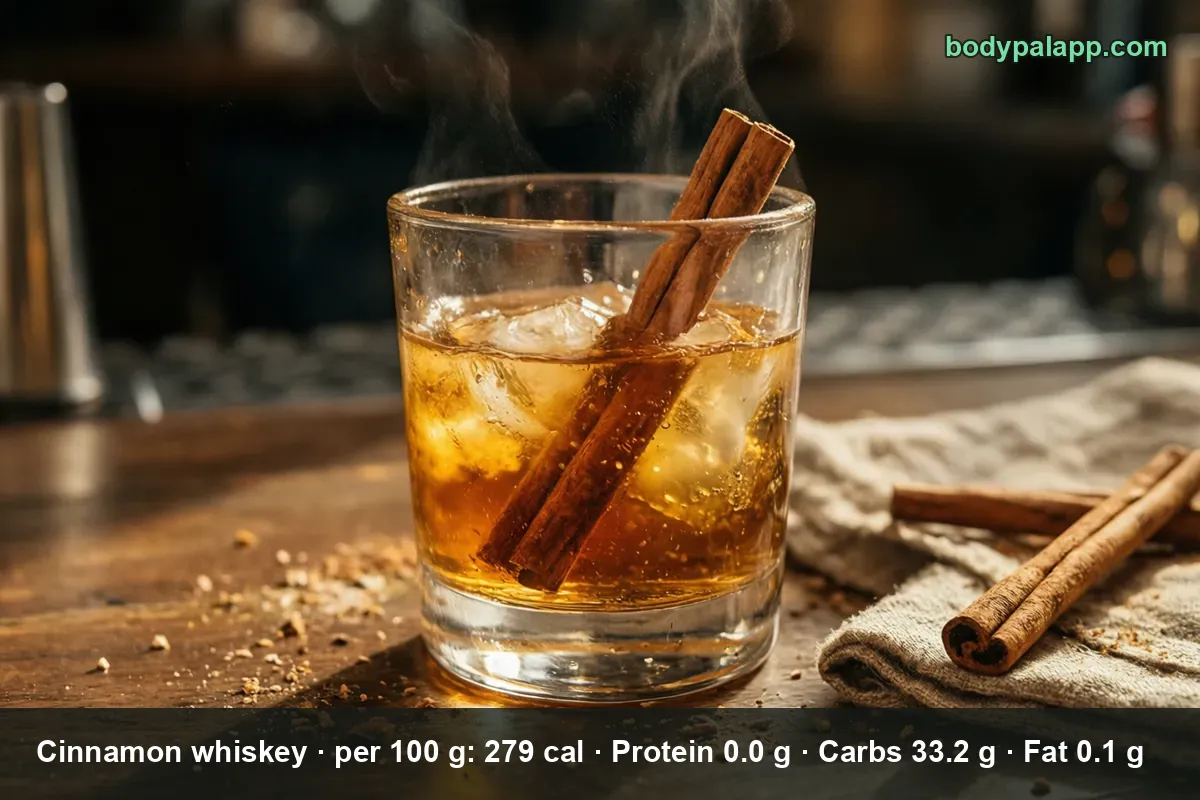 Glass of cinnamon whiskey over ice with two cinnamon sticks and steam rising above the glass
