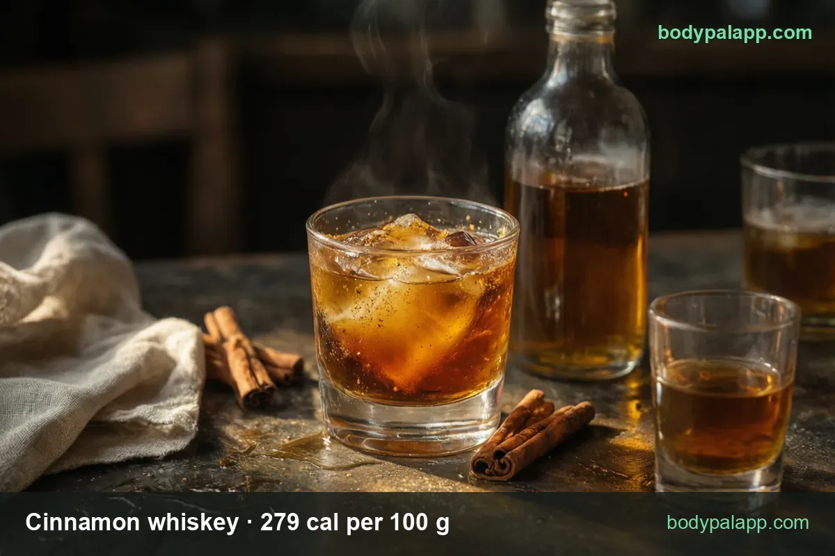 Cinnamon whiskey glass with ice and cinnamon sticks, bottle behind, small glass right; chips: 1 shot (45 g) 126 cal, 1 drink (68 g) 190 cal