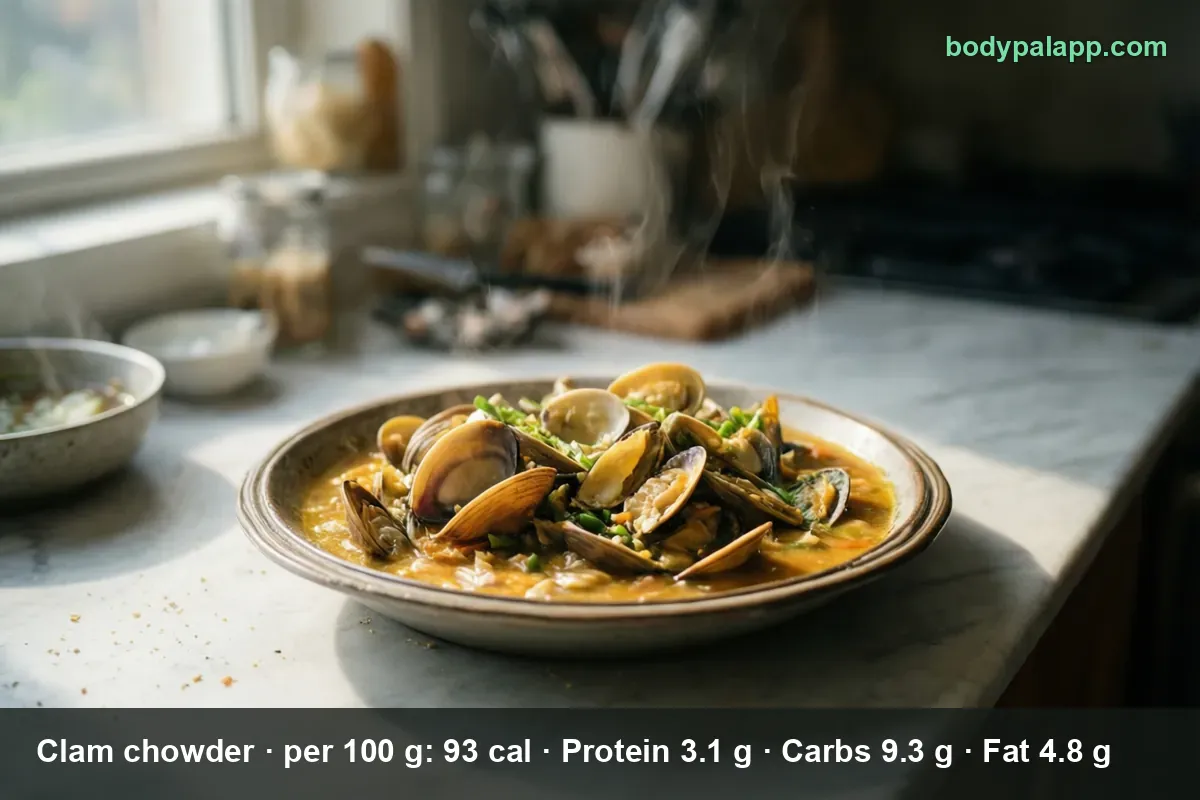 Shallow plate of clams in a yellowish broth, served as clam chowder