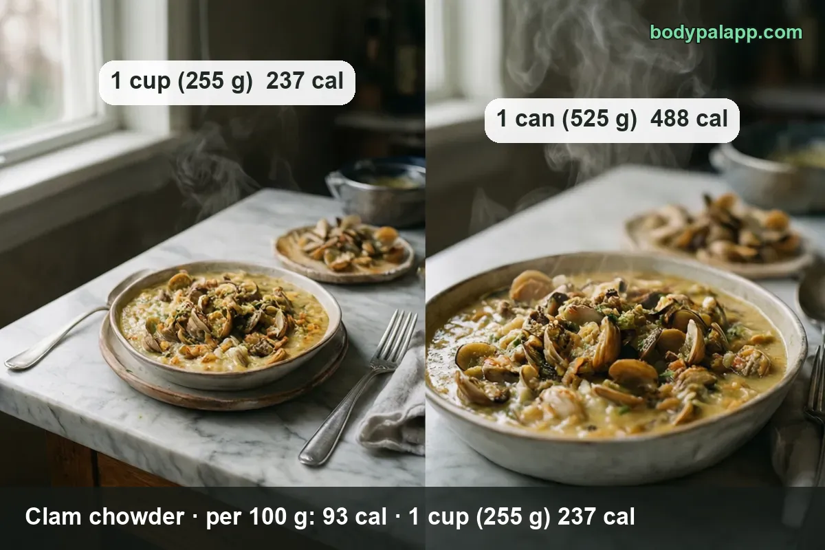 Bowl of thick creamy clam chowder with clams in shells, close-up: 1 cup (255 g) 237 cal and 1 can (525 g) 488 cal