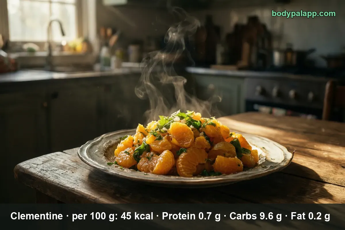 Clementines in a bowl, one peeled - 45 calories per 100 g