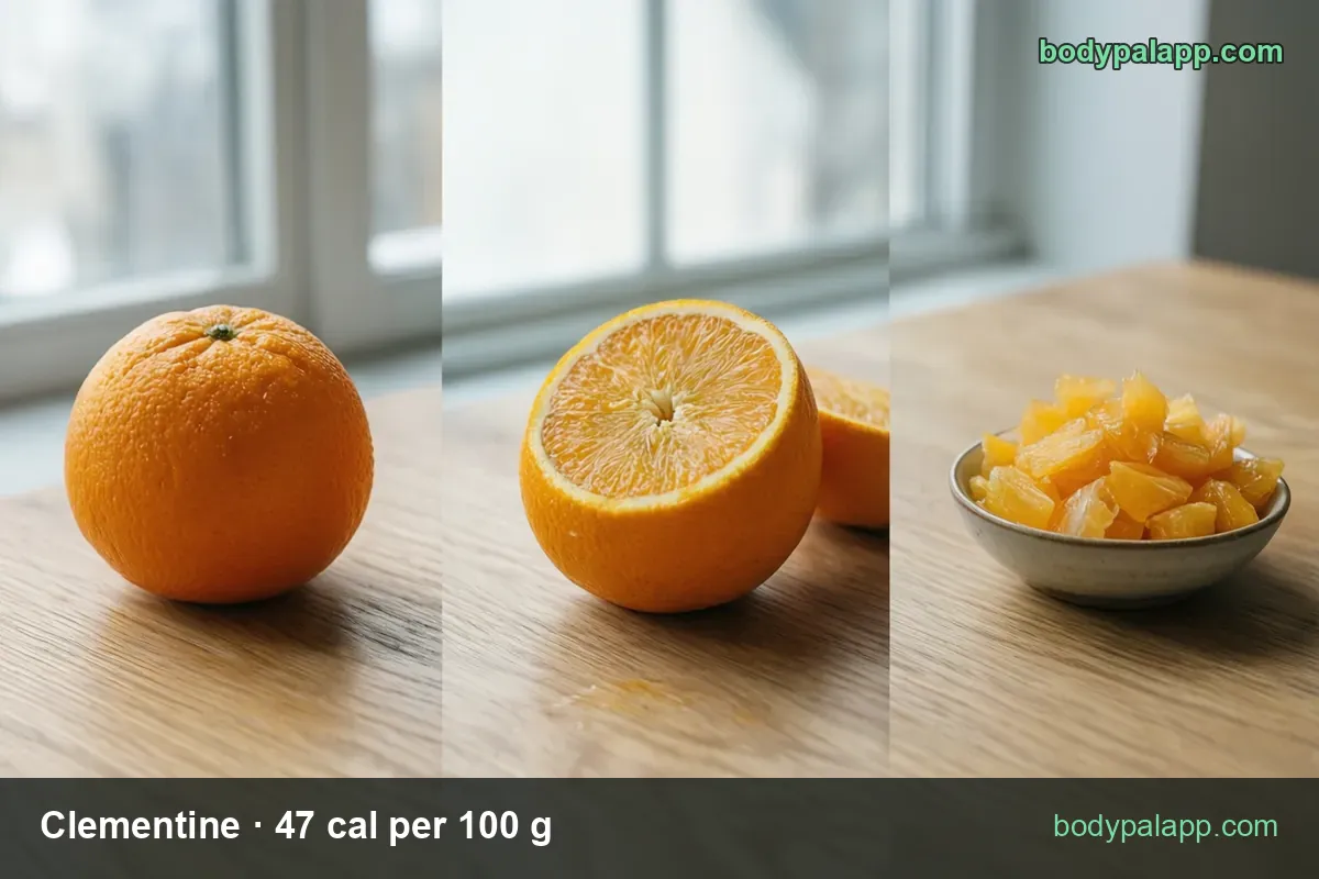 Three panels: whole clementine, halved clementine, small bowl of peeled segments, labeled 1 clementine 35 cal and 2 clementines 70 cal.