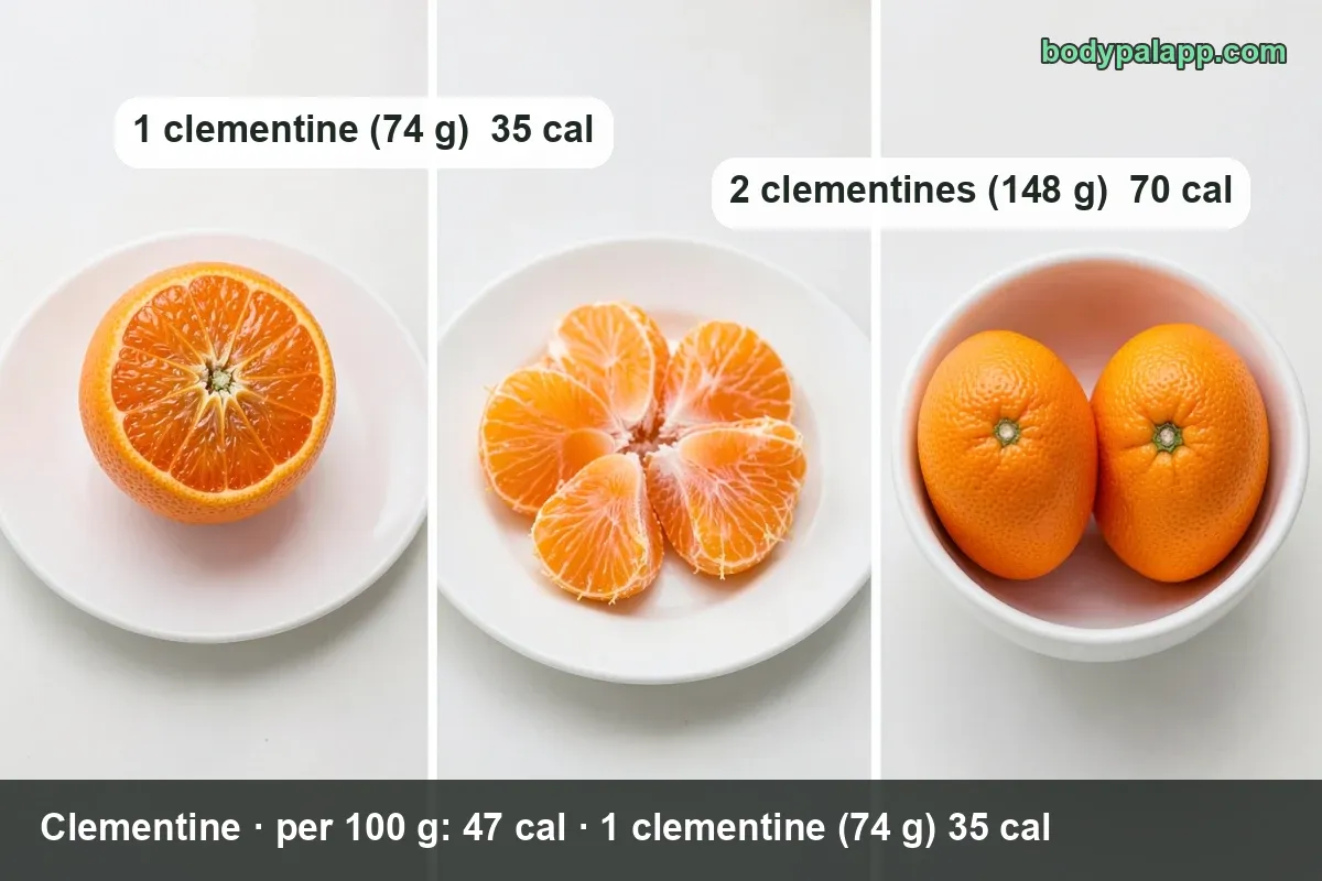 Clementines with two serving labels: 1 clementine (74 g) 35 cal and 2 clementines (148 g) 70 cal.