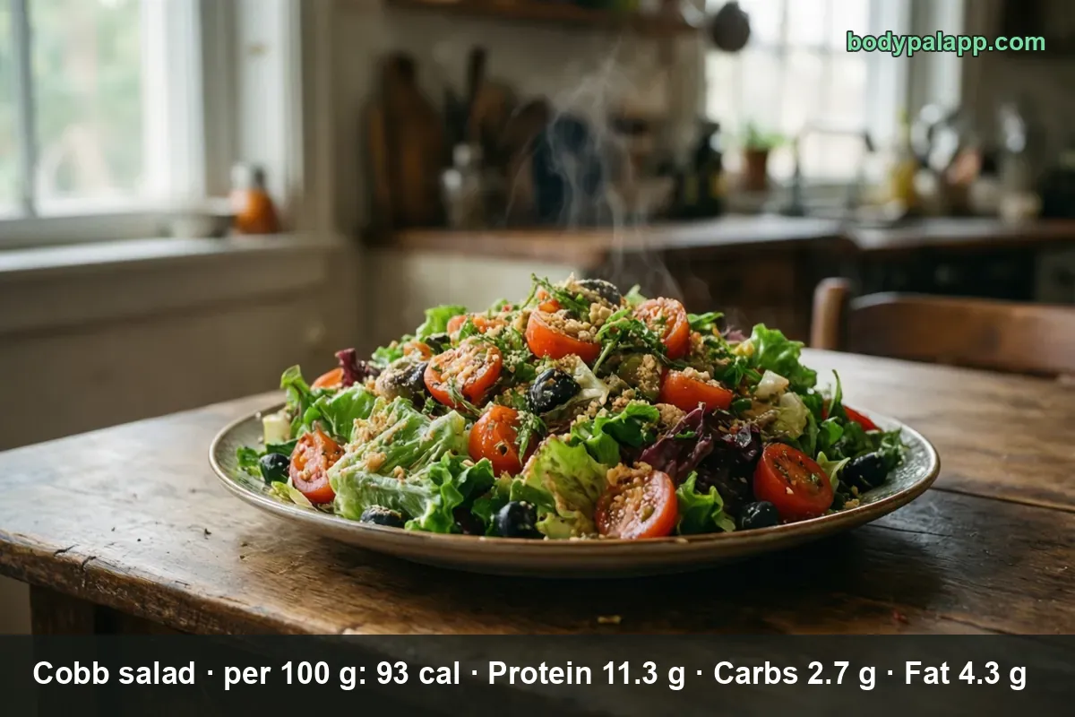 Plate of chopped Cobb salad with tomatoes, black olives and cheese crumbles, no dressing