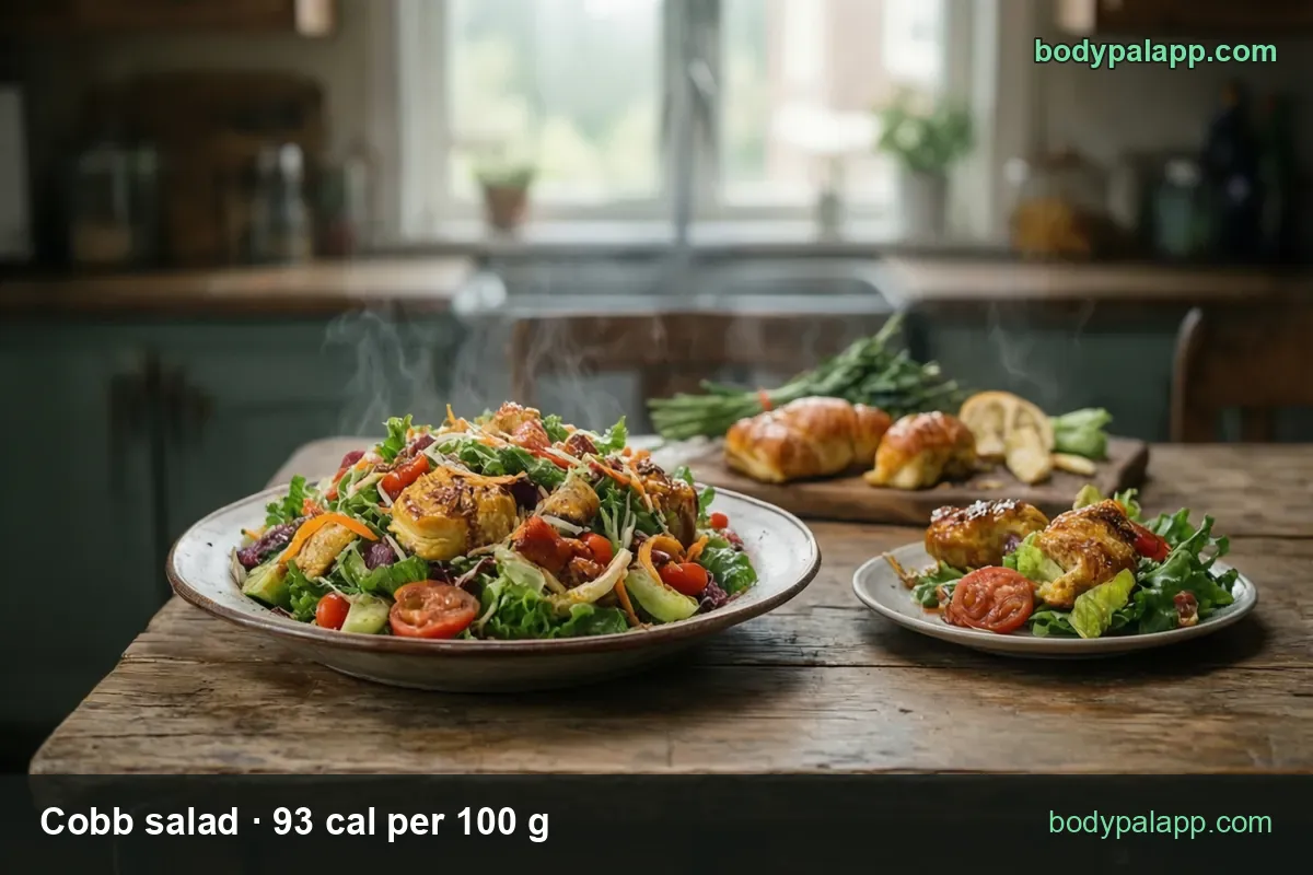 Plate of salad with chicken pieces, cherry tomatoes, lettuce and shredded carrot; chips show 1 cup 98 cal and 2 cups 195 cal