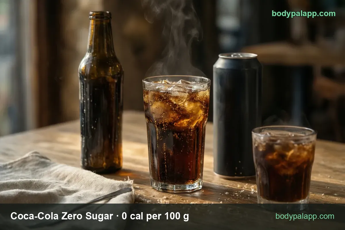 Tall iced cola glass, black can, dark bottle and small glass; chips: 1 can (355 g) 0 cal and 1 bottle (591 g) 0 cal