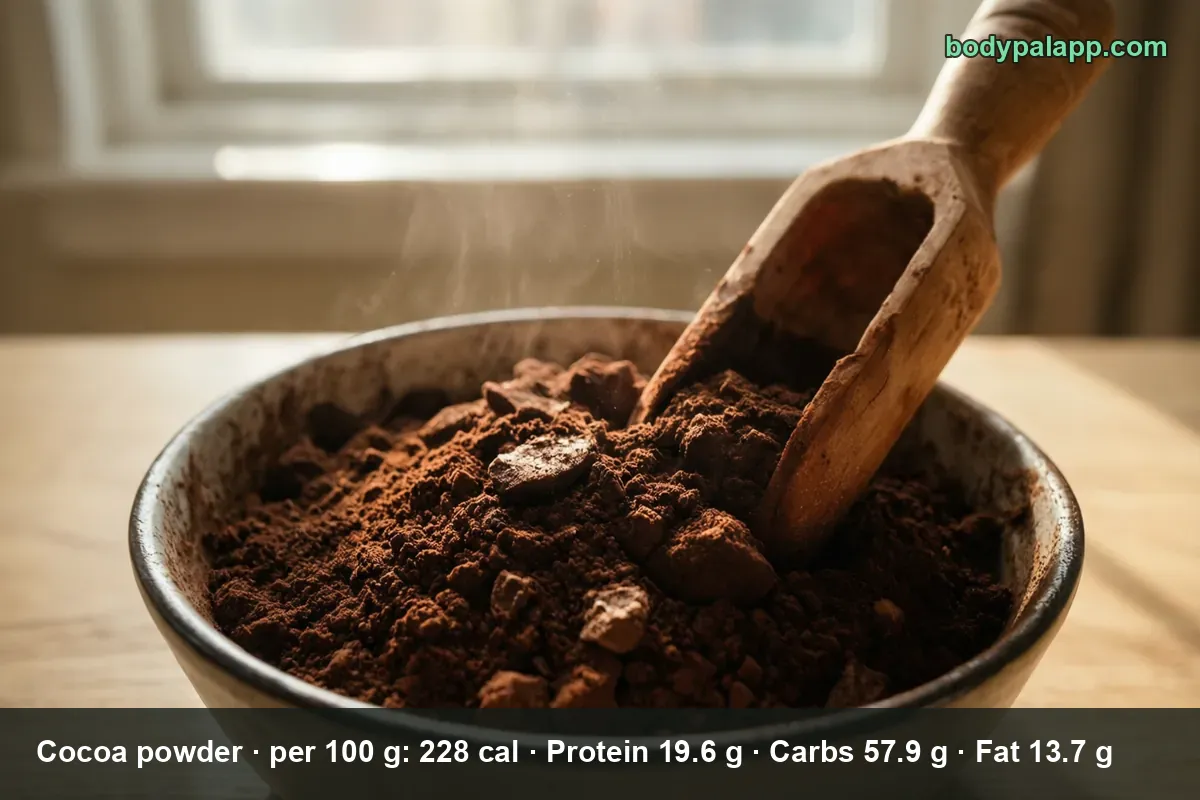 Close-up bowl of unsweetened cocoa powder with a wooden scoop and a few cocoa lumps.