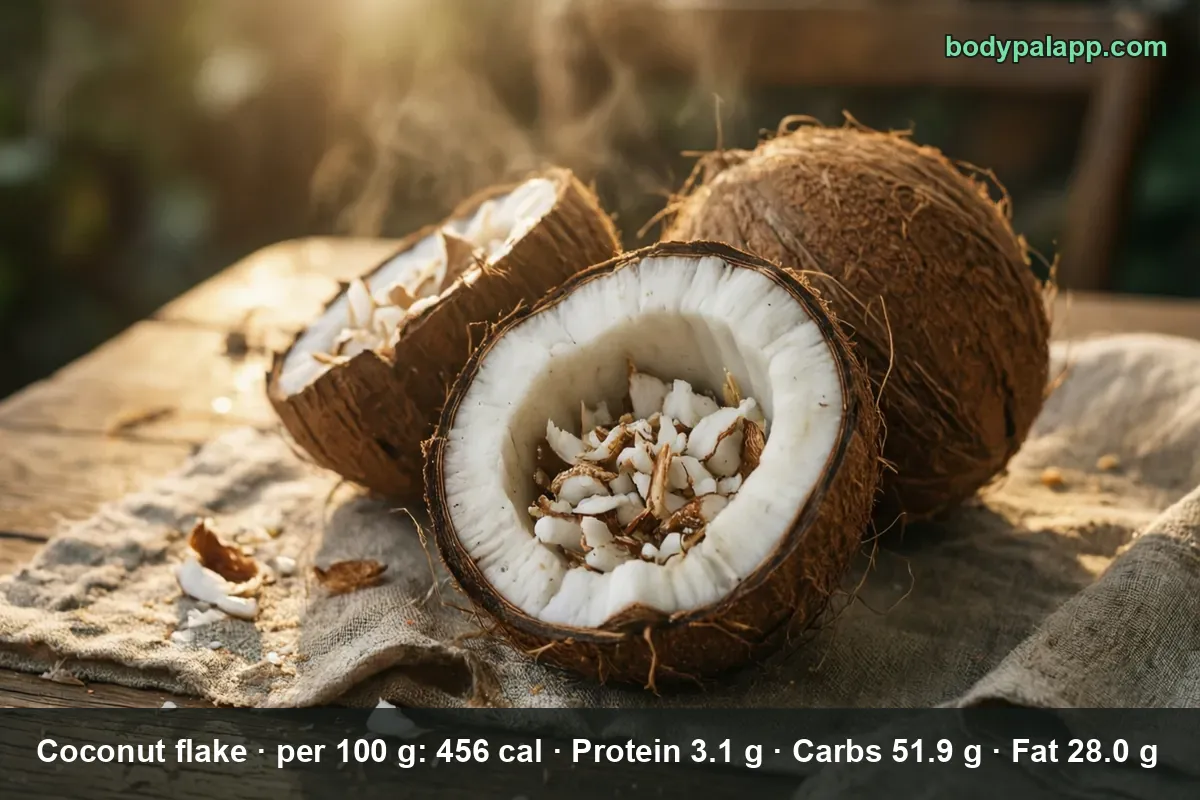 Two coconut halves, one filled with coconut flakes, a whole coconut behind them and steam rising