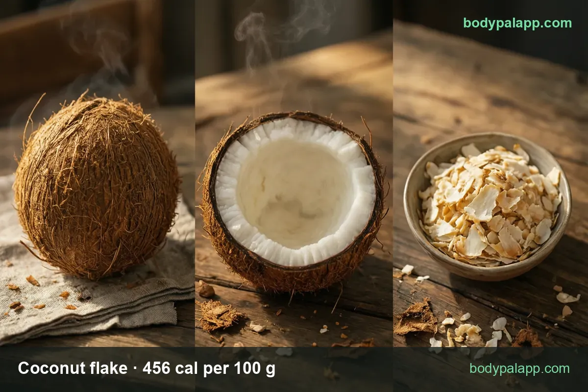 Whole coconut on a cloth, halved coconut, bowl of coconut flakes with scattered pieces — 1 cup (85 g) 388 cal, 1 oz (28.4 g) 129 cal