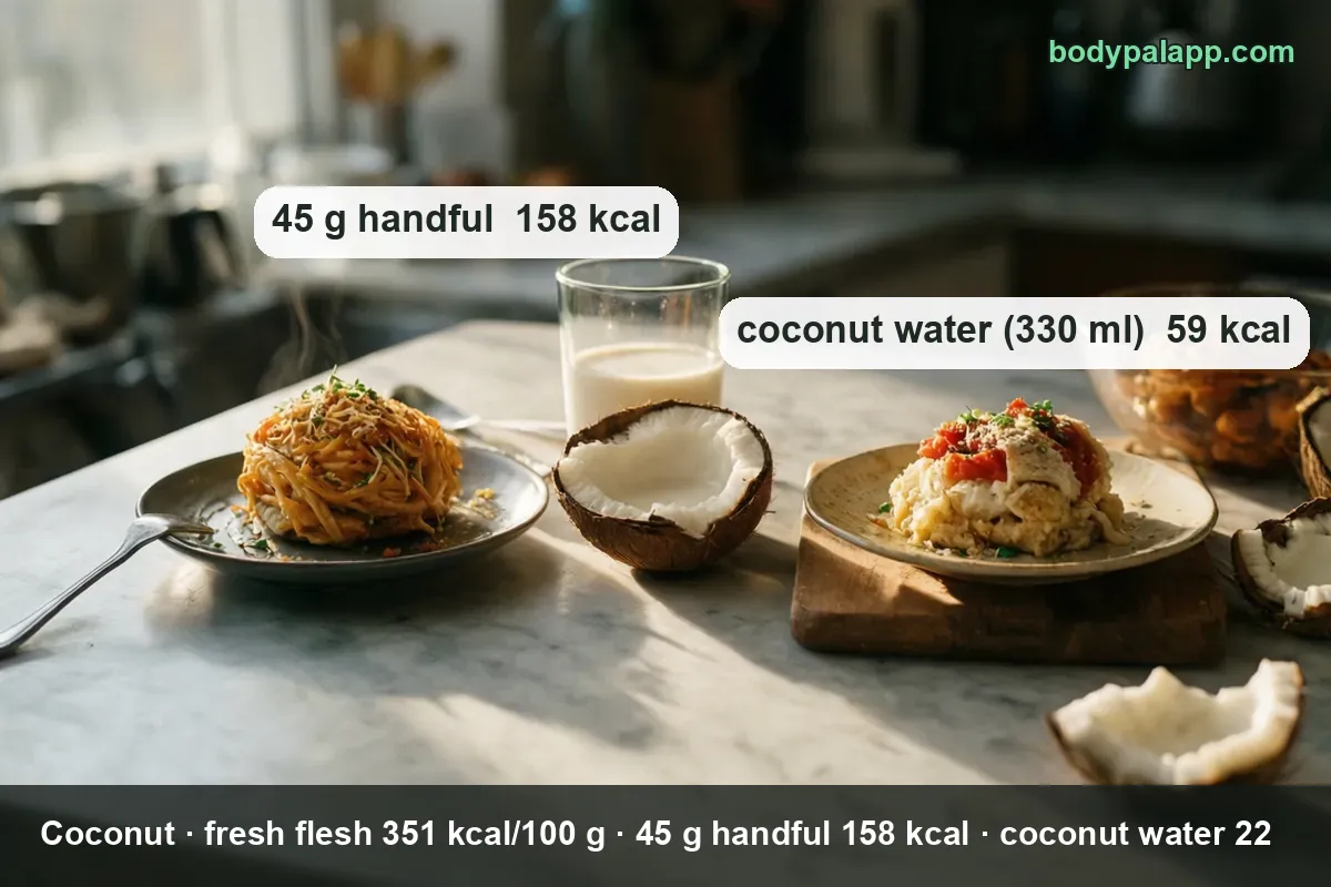 Coconut variants calories comparison - fresh flesh, desiccated and coconut milk
