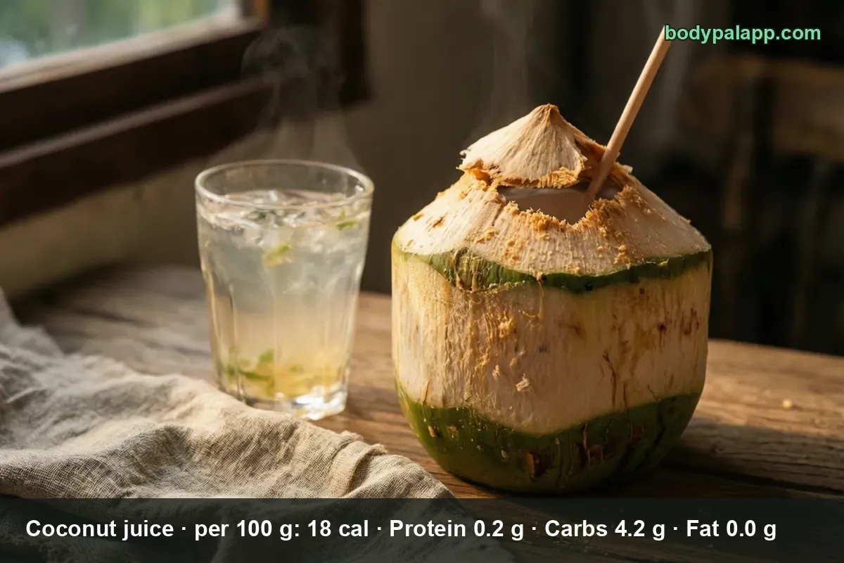 Young coconut with a straw beside a glass of coconut water with ice and lime