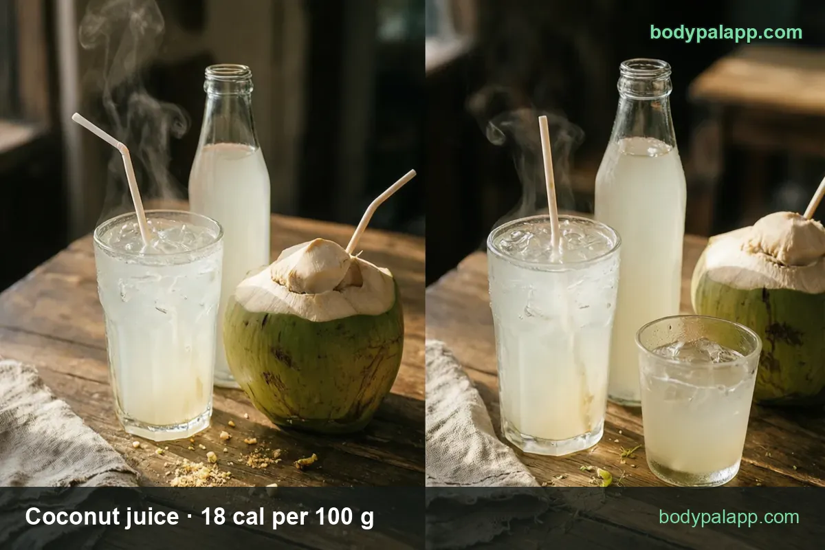 Glass with ice and straw, unlabeled bottle of coconut water and a young coconut with a straw, 1 coconut 206 g 37 cal, 1 cup 240 g 43 cal