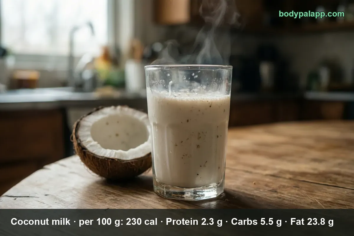 A tall glass of steaming coconut milk next to half a coconut.