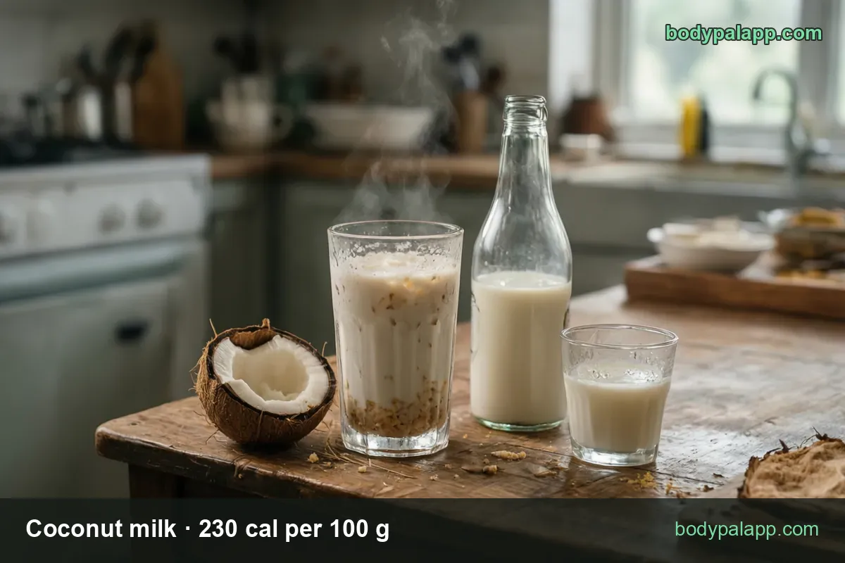 Half a coconut, a tall glass of coconut milk with coconut shavings, an unlabeled glass bottle and a small cup on a kitchen table, with 1 cup and half cup chips.