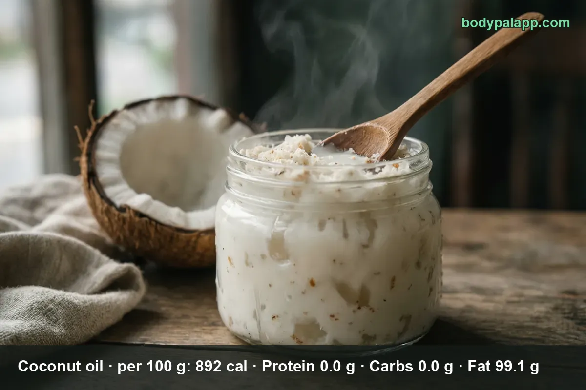Jar of solid white coconut oil with a wooden spoon, next to half a coconut
