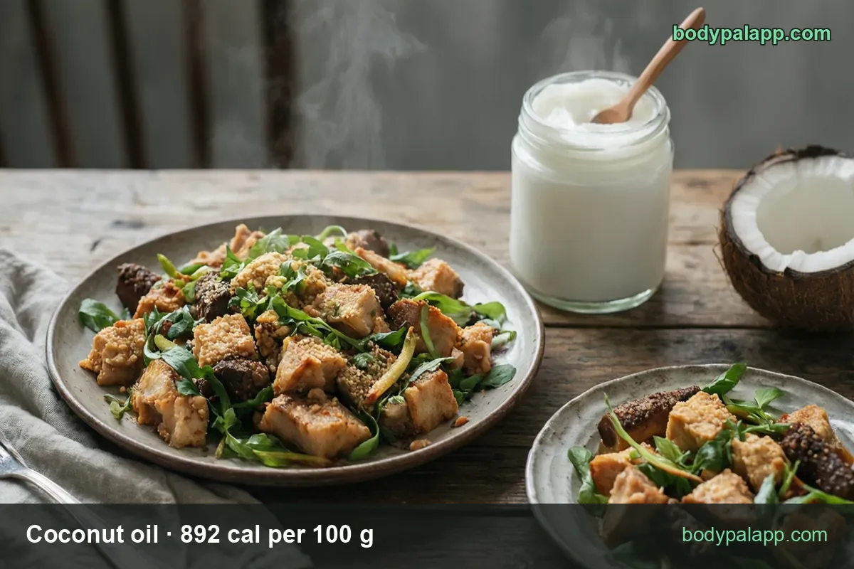 Stir-fried pieces with greens, a jar of coconut oil with wooden spoon and half a coconut; 1 tbsp 121 cal, 1 tsp 40 cal
