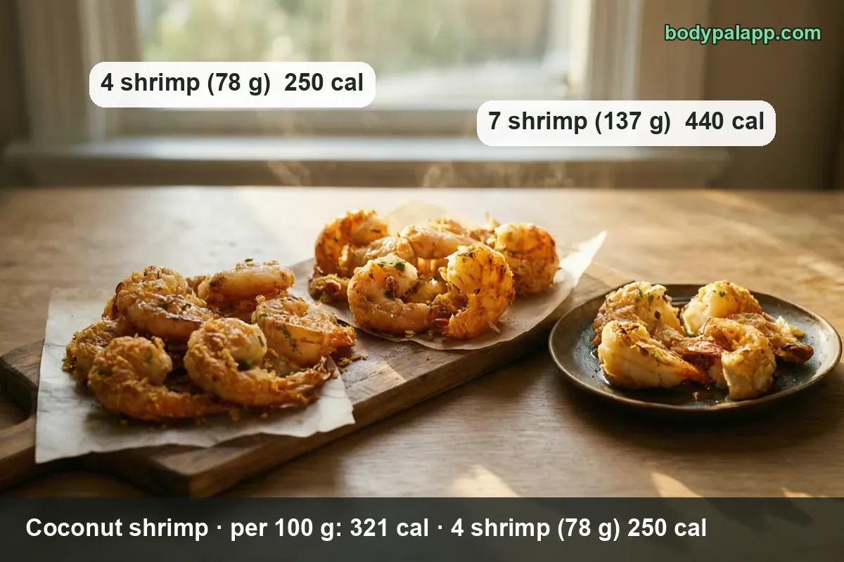 Three portions of fried coconut shrimp on paper and in a dark dish, labeled 4 shrimp 78 g 250 cal and 7 shrimp 137 g 440 cal