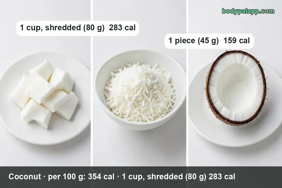 Coconut half with white meat and a glass of coconut milk, with 1 cup shredded (80 g) 283 cal and 1 piece (45 g) 159 cal