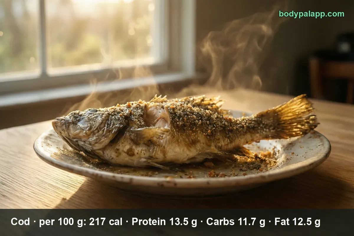 Whole fried cod with a crisp crumb crust on a plate, steaming, with calorie chips for 1 whole fish (420 g) and 1 fillet (140 g).