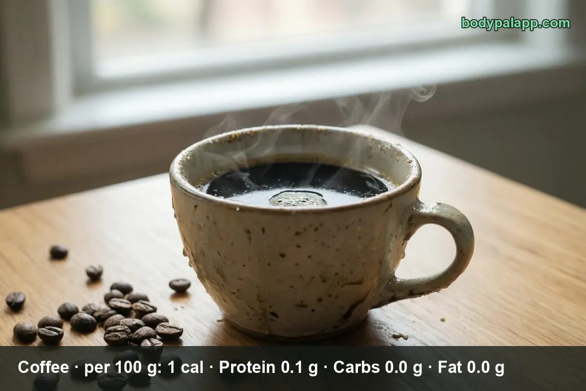 Ceramic mug of steaming black brewed coffee with roasted coffee beans beside it