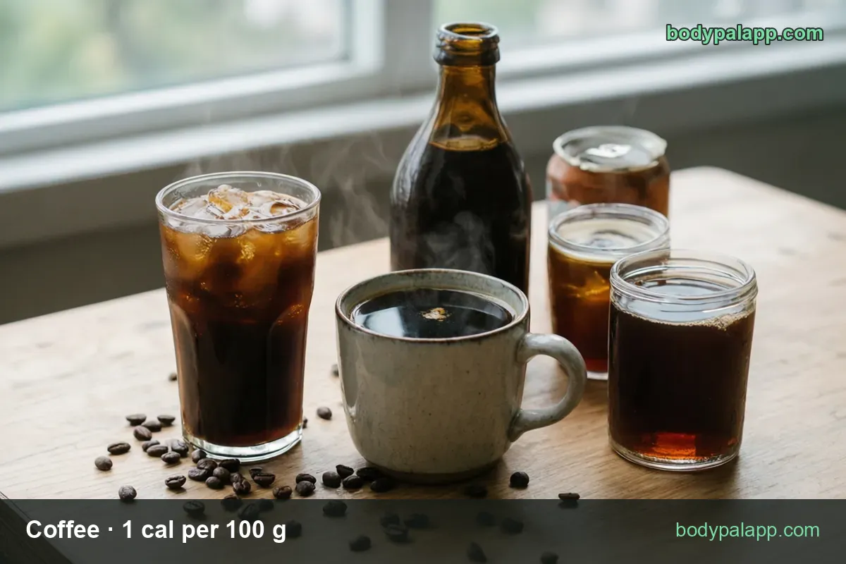 Iced coffee glass and mug of black coffee: 1 cup (240 g) 2 cal, 1 large (600 g) 6 cal