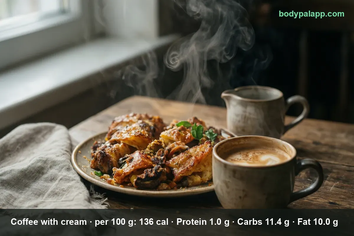 A cup of coffee with cream foam and a small cream jug beside a large plate of roast chicken and vegetables by a window.