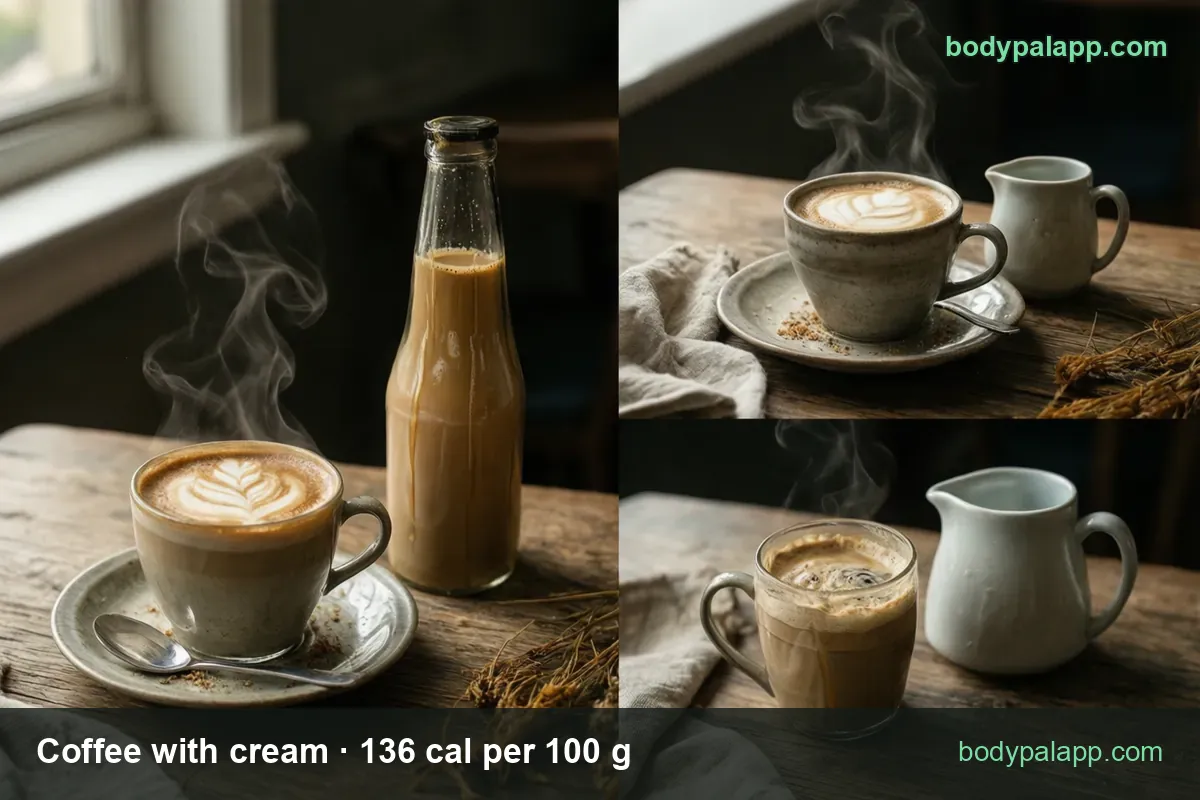Three coffee-with-cream shots with cream jug and bottle; chips read 1 fl oz (30 g) 41 cal and 1 individual container (15 g) 20 cal.