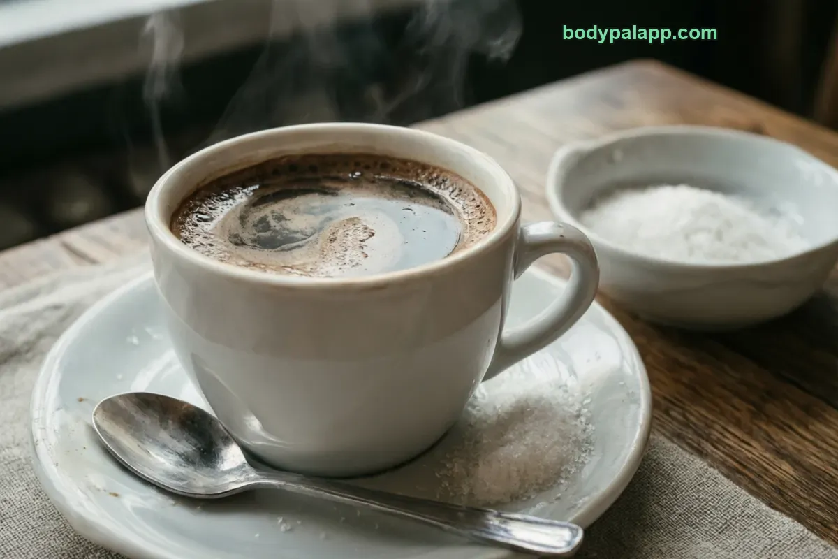 Coffee with sugar, brewed, sweetened with sugar