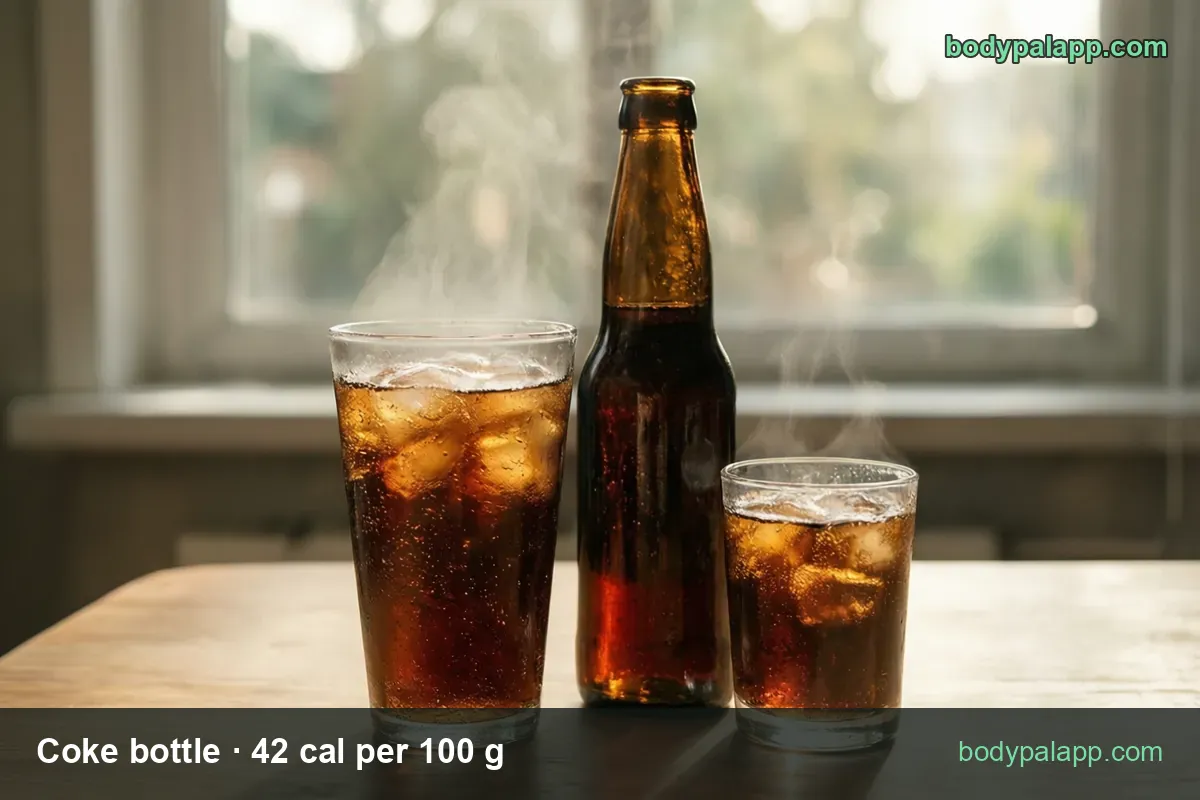 Brown glass bottle between a tall and a short glass of cola with ice, chips reading 20 fl oz 258 cal and 12 fl oz 155 cal