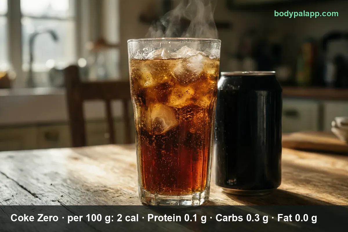 Glass of Coke Zero over ice next to a plain black can on a kitchen counter