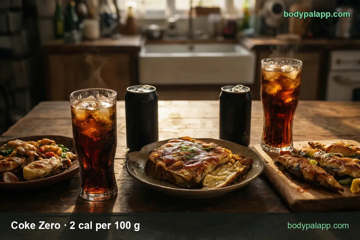 Two iced glasses of Coke Zero and two black cans beside three dishes, with 12 fl oz can 355 g and iced glass 258 g servings