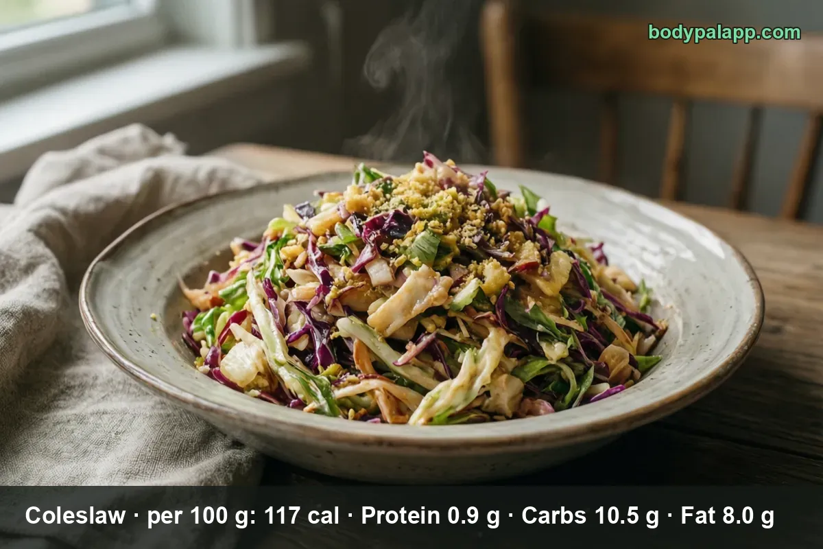 Bowl of creamy coleslaw made with shredded white and red cabbage, dressed and topped with crumbs.