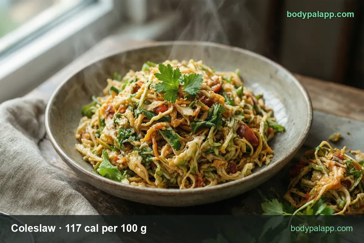 Bowl of dressed shredded cabbage with carrot and cilantro plus a small side pile: 1 cup (220 g) 257 cal, 1/2 cup (110 g) 129 cal.