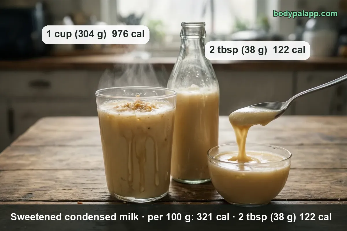 A glass of milk, a glass bottle and a small bowl with condensed milk pouring in - 122 calories per 2 tbsp, 244 per 1/4 cup