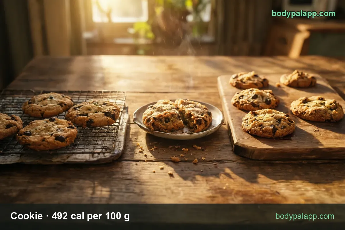 Chocolate chip cookies on a wire rack, a plate and a wooden board, labeled 1 medium cookie 30 g 148 cal and 1 large 45 g 221 cal.