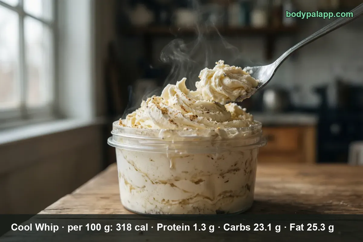 Clear plastic tub without a label heaped with white whipped topping, a spoon holding a scoop above it.
