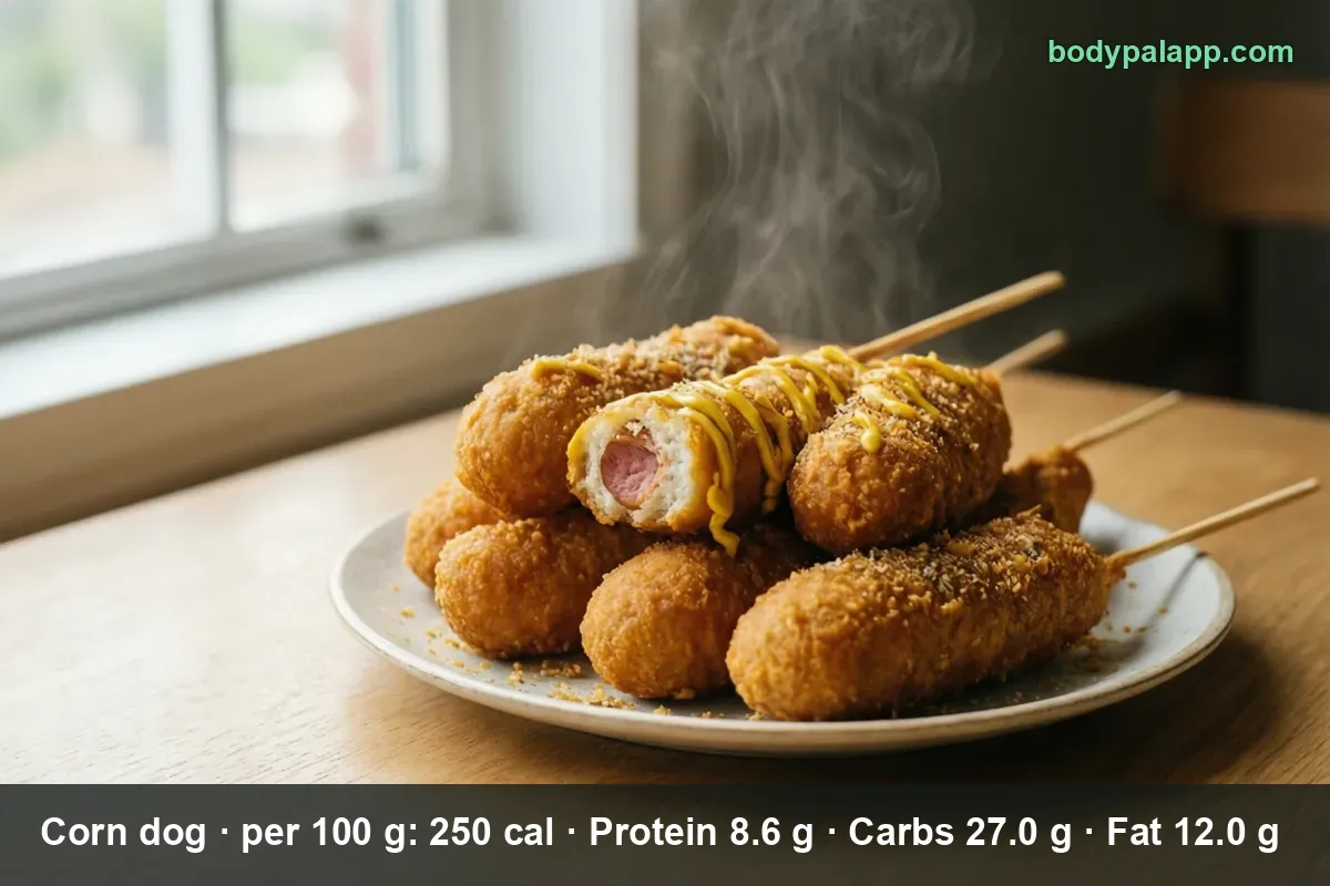 Plate of six corn dogs on sticks, one cut open to show the pink hot dog inside, with mustard and crumbs on top