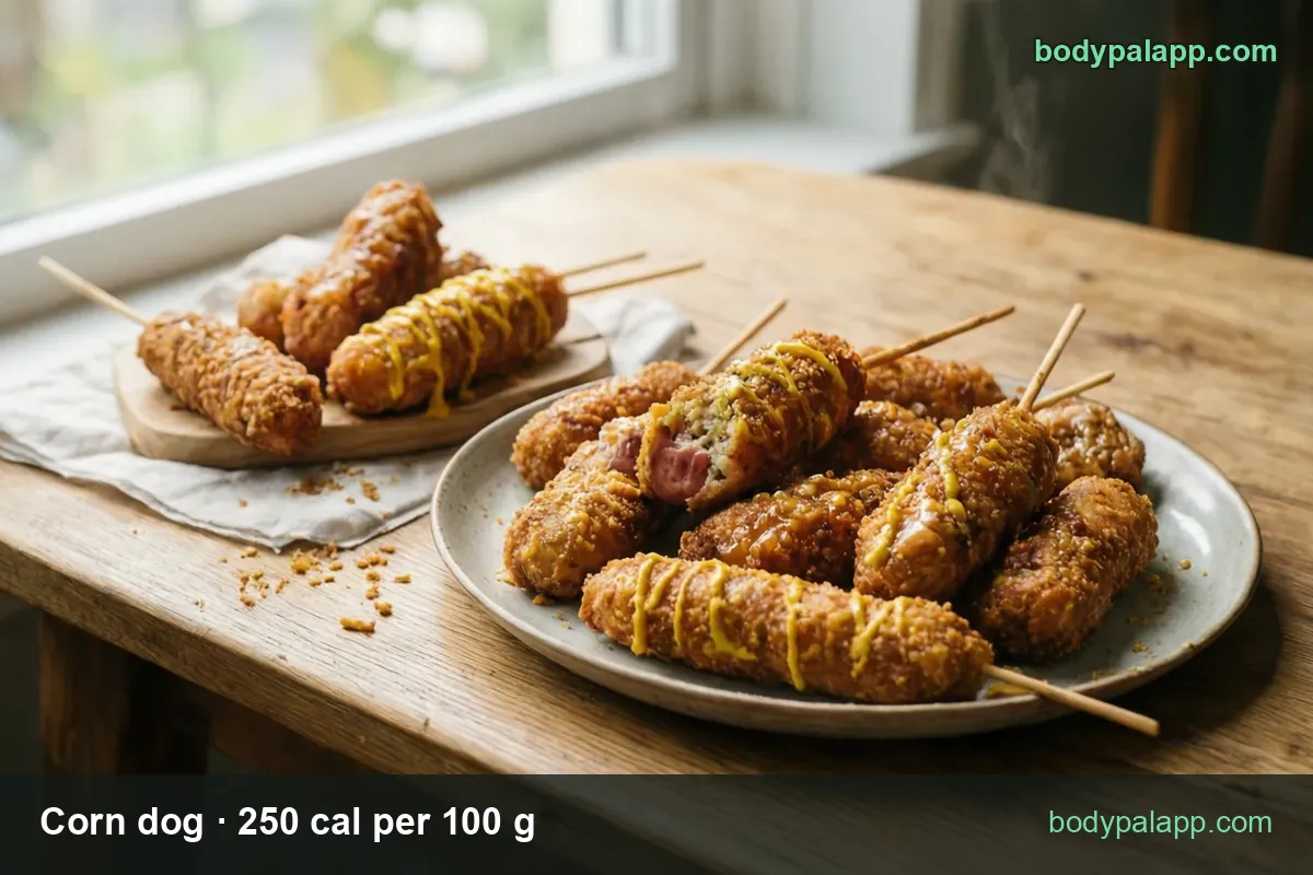 Plate of seven corn dogs on sticks with mustard stripes, one cut open, board with three more; 1 corn dog 88 g and 1 jumbo 113 g