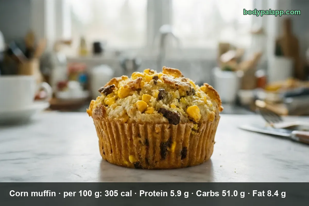 Corn muffin in a paper liner with whole corn kernels and dark flecks on the crust