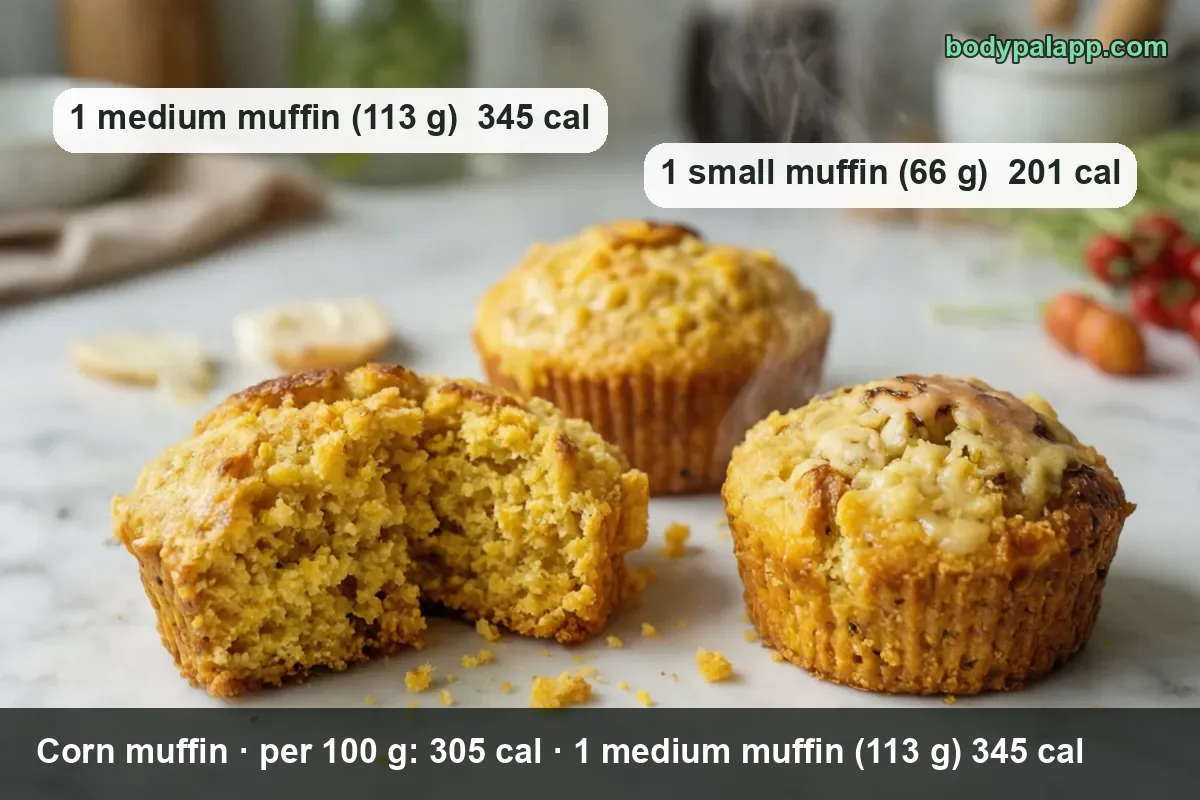 Three corn muffins on a marble counter, one broken in half: 1 medium muffin (113 g) 345 cal, 1 small (66 g) 201 cal