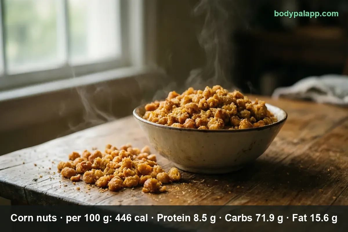 Bowl of toasted corn nuts in clumps with a spilled pile of kernels next to it