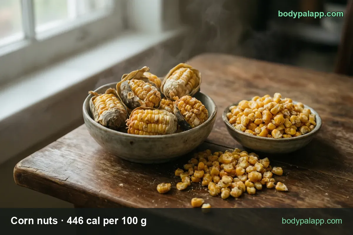 Small bowl of roasted corn nuts by dried corn cobs and a spilled pile, with 1 oz (28.4 g) 126 cal and 1 cup (85 g) 379 cal