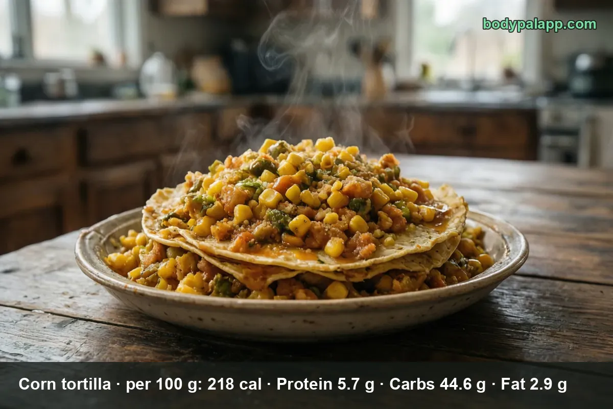 Two stacked corn tortillas under a big pile of corn and meat stew, plain tortilla edges showing underneath.