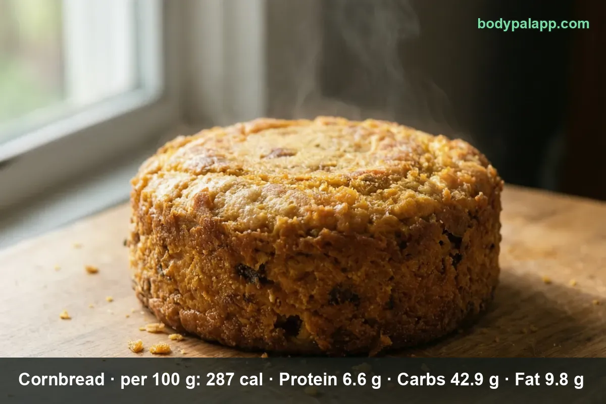 Whole round cornbread loaf, golden crust, steam rising from the top