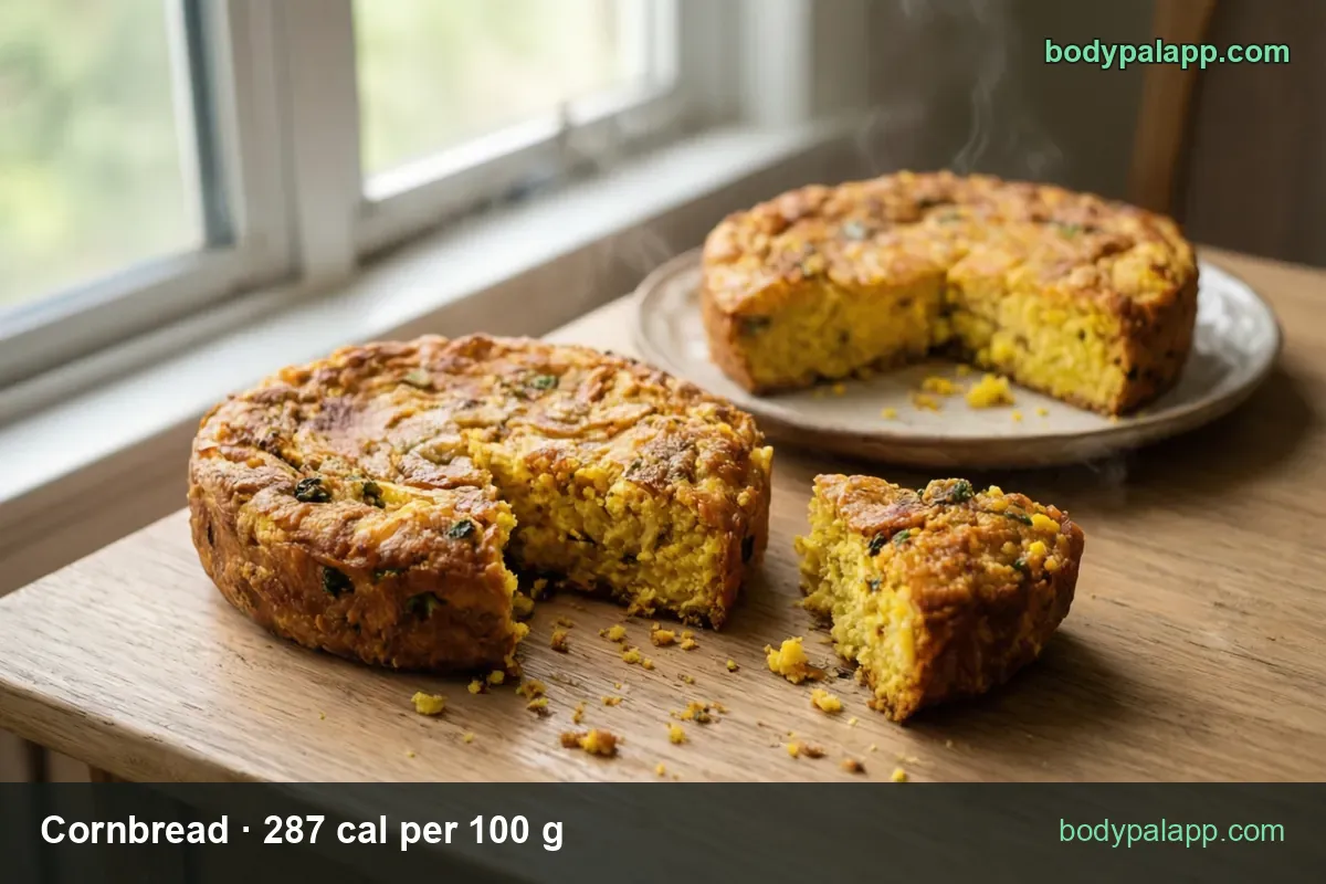 Round cornbread with a cut piece on a board, one piece 65 g 187 cal, whole 8-inch round loaf 627 g 1799 cal